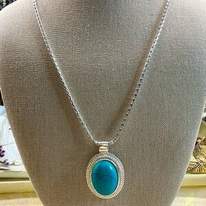 Roman Turquoise Oval Pendant Necklace - Silver Chain & Earrings Set